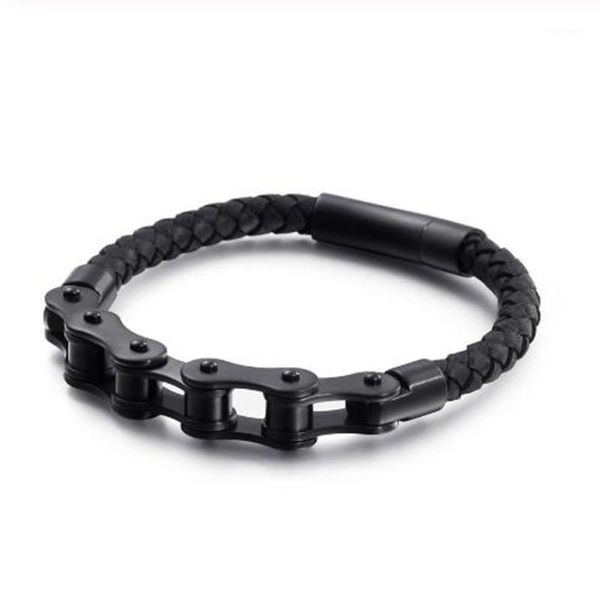 

bangle classic men's jewelry punk rock retro black bike chain leather bracelet1