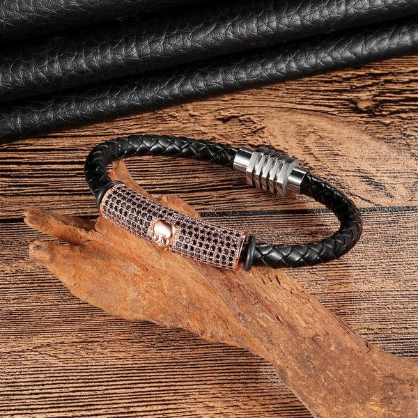 

xqni genuine leather bracelet for men skull bangle with micro pave cubic zircon 2017 new style magnetic buckle christmas gift wmtoba, Bronze;silver
