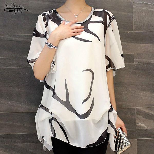 

blusas mujer de moda 2021 plus size chiffon shirt loose women blouse short sleeve womens and blouses women clothing 60a, White