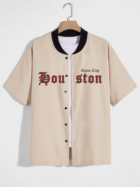 

romwe guys letter graphic button front shirt i1gn#, White;black