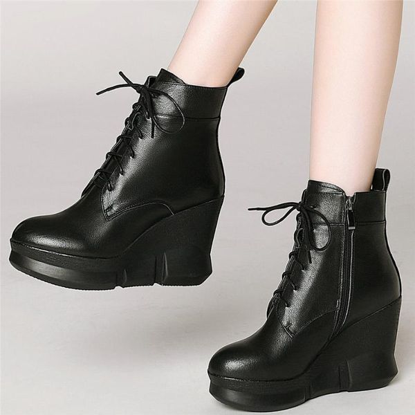 

fashion sneakers women lace up genuine leather wedges high heel ankle boots female winter high round toe platform pumps shoe, Black