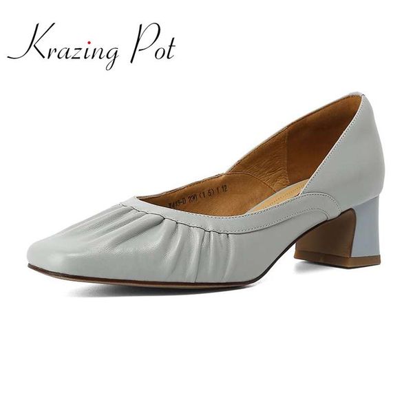 

dress shoes krazing pot 2021 summer arrival genuine leather square toe med heel european style young lady mature modern women pumps l13, Black
