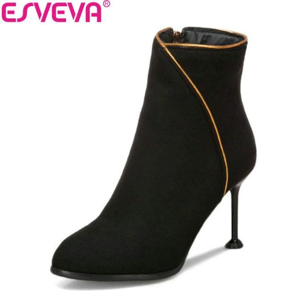 

boots esveva 2021 women zipper ankle square high heels western style autumn shoes pointed toe ladies size 34-43, Black