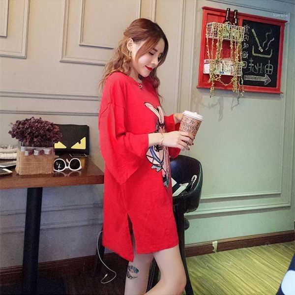 

womens new summer fashion concise casual o neck short sleeve t - shirt casual loose cartoon print side slit female t - shirt cy1, White