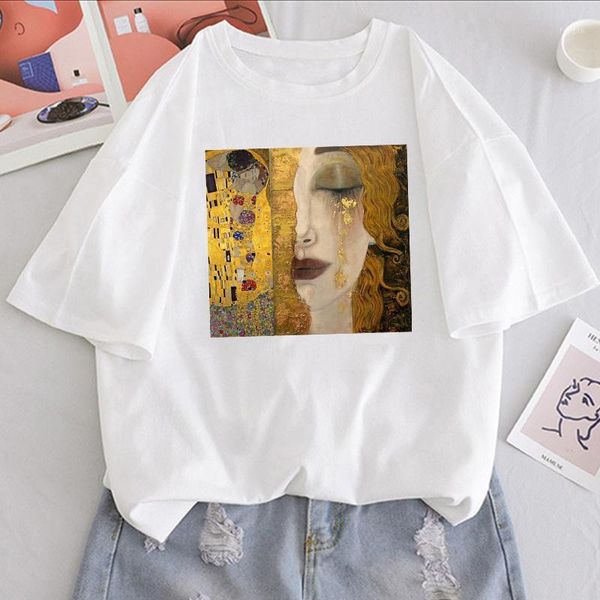 

summer new letter gustav klimt printed vintage tees casual harajuku large size new art oil paint loose female ins t-shirt1, White