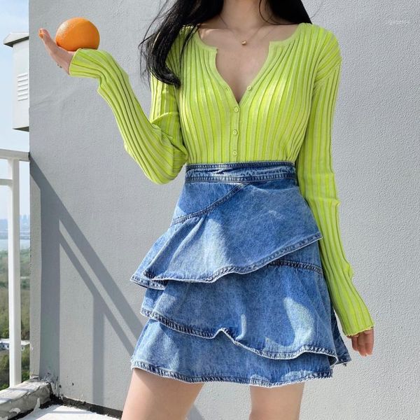 

2020 fashion summer denim skirt high waist jean ruffles mini skirt denim casual blue jean skinny a-line short streetwear1, Black