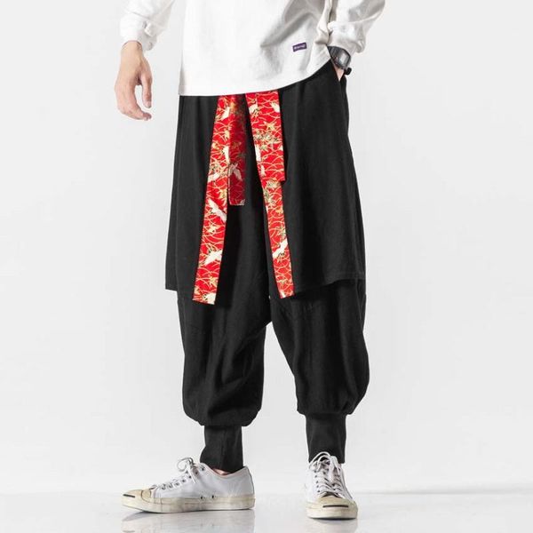 

traditional japanese fashion trouser male harlan wind casual pants kimono men samurai harajuku costume vintage clothing, Red