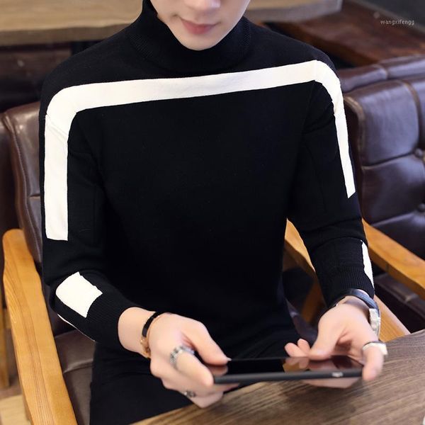 

new autumn winter casual pullover men long sleeve slim fit turtleneck knitted brand sweater fashion mens warm sweaters1, White;black