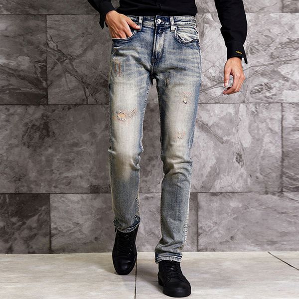 

2021 new fashion streetwear retro blue slim fit patchwork ripped men vintage designer denim pants hip hop jeans homme nmzs
