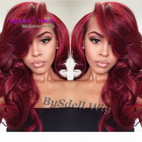 

new arrival dark red burgundy color full lace wig long wavy synthetic hair lace front full lace wigs for fashion lady, Black
