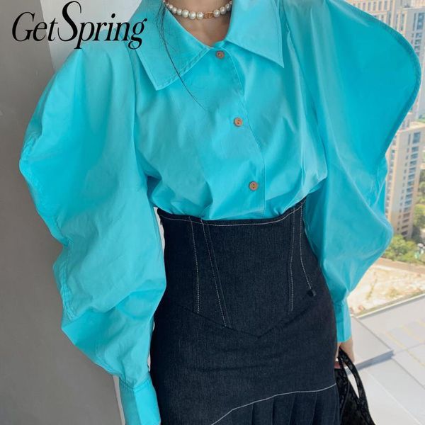 

getspring women blouse blue puff sleeve women shirts retro ladies blouses fashion long shirt loose long autumn, White