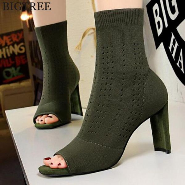 

boots autumn fashion simple shoes woman fish head hollow wool booties thick heels peep toe gladiator botas mujer y916, Black