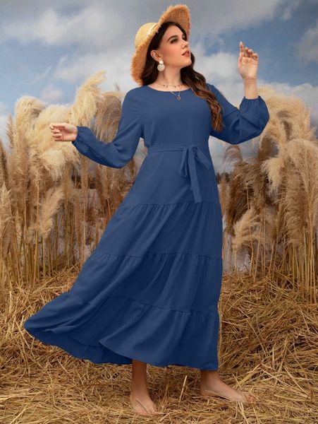 

plus bishop sleeve ruffle hem belted dress w65o#, Black