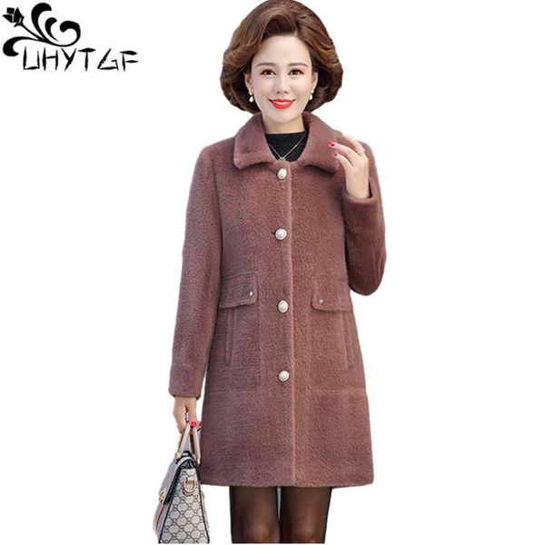 

uhytgf winter coat women mid-length mink fleece autumn woolen jacket fashion pocket single-breasted 5xl plus size outerwear 1363, Black
