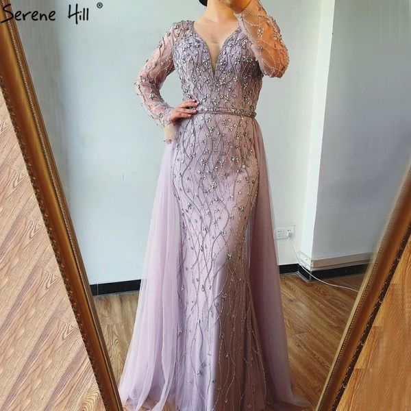 Light roxo mangas compridas vestidos de noite de luxo 2020 Dubai V-Neck de Diamante Sereia Beading Vestido formal Serene Hill LJ201125