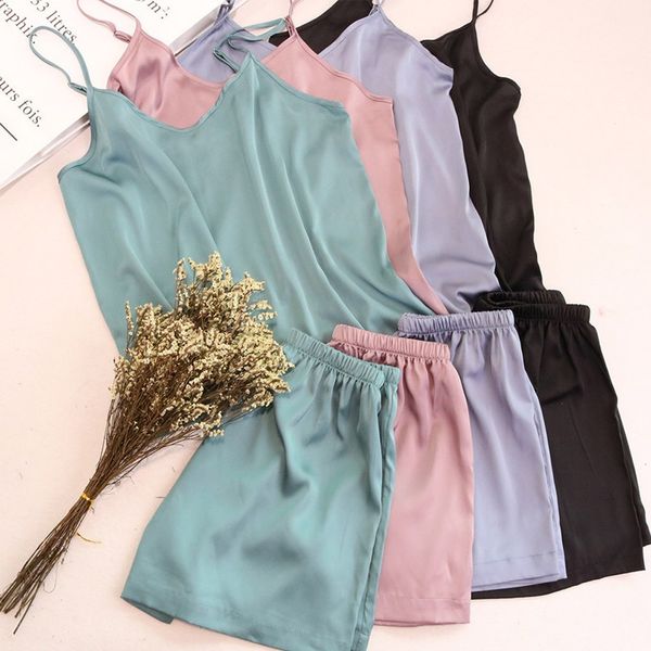 

summer satin pajamas set lingerie silk women sleepwear shorts s-xl solid nighty sleeping nightwear pijama mujer 2020*, Black;white