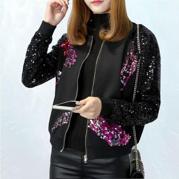 

fashion embroidered sequins plus size bomber jacket 2019 new spring autumn jacket women loose stitching basic outwear sl11011, Black;brown