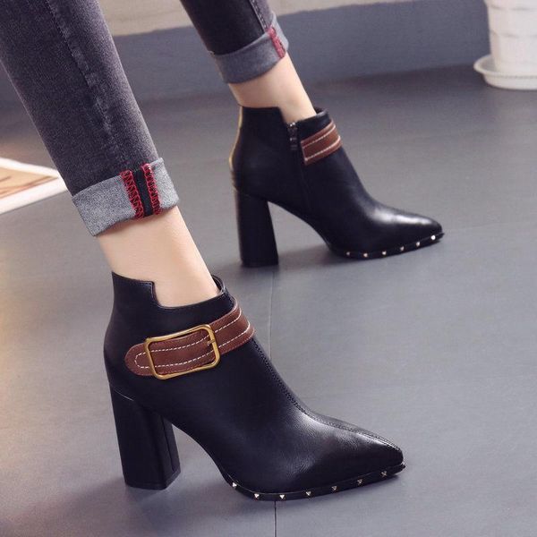 

boots timalina woman pointed toe square heel shoes pu leather ankle winter high heels buckle autumn for women zip, Black