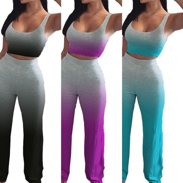 

women summer two piece clothing set outfits 5 colors designer tracksuit sleeveless t shirt crop pants fashion gradient color h2516, White