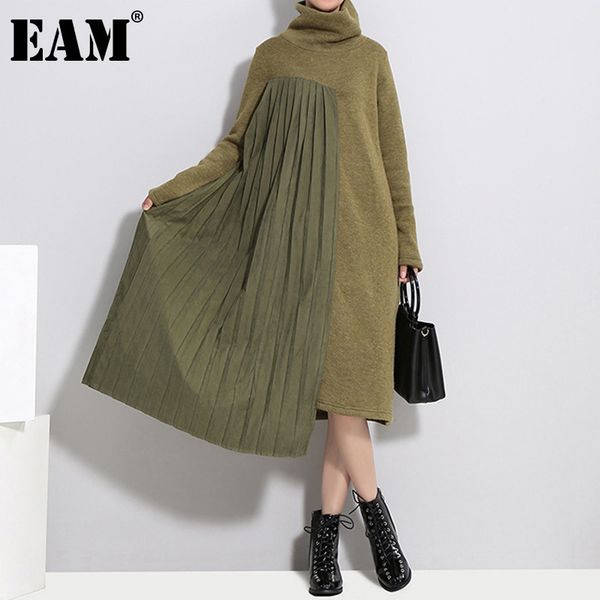

[eam] women asymmetric pleated spliced knitting dress new turtleneck long sleeve loose fit fashion spring autumn 1dd1123 201125, Black;gray