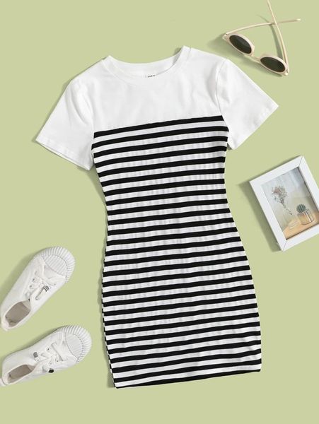 

girls round neck striped print dress she, Red;yellow