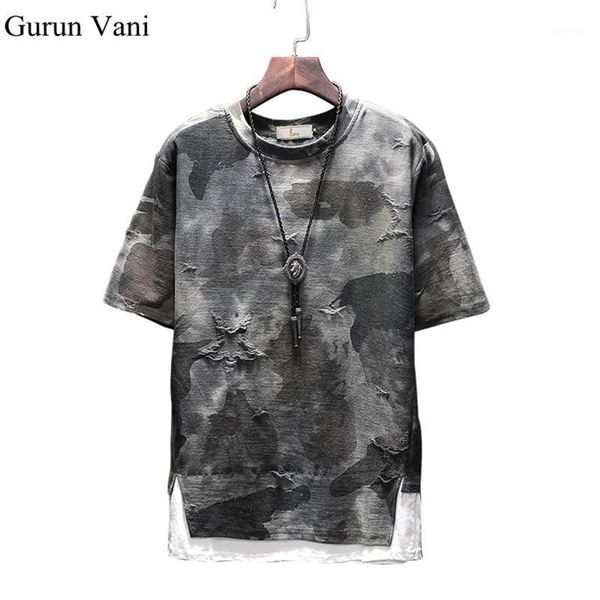 

2018 summer fashion camouflage t-shirt men hole t shirts men's o-neck hip hop tee male fashion retro styletshirt1, White;black