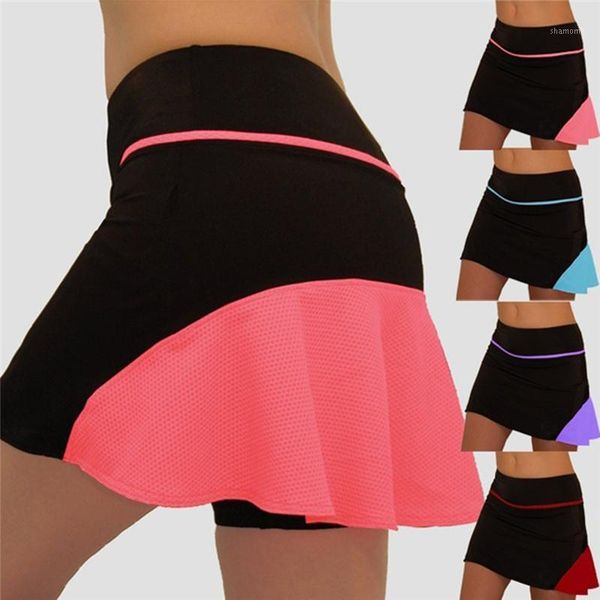 

yoga outfits gym women running skirt high waist safety knickers shorts mesh double layer patchwork fitness sports short skirt1, White;red