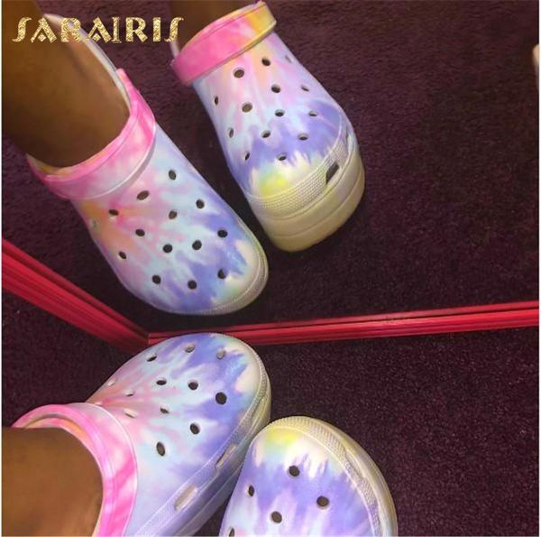

sarairis 2020 fashion graffiti high heel thick platform ins dropship holes shoes summer women beach sandals slipper footwear x1020, Black