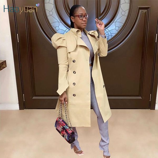

haoyuan casual trench coat for women long sleeve button fall winter clothing fashion streetwear elegant outerwear cardigan coats, Tan;black