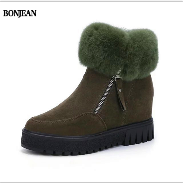 

bonjean winter new snow boots round head low heel increase side zipper flapping women's short boots warm cotton shoes, Black