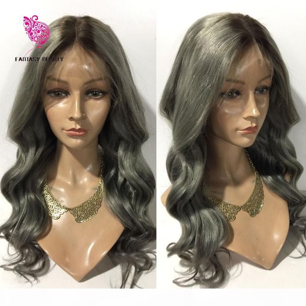 

10a grade ombre grey human hair wigs middle part two tone #1b grey full lace human hair wigs & glueless lace front wigs, Black;brown