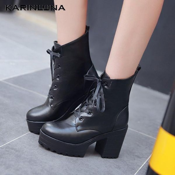 

karin 2020 dropship big size 43 square high heels shoelaces platform shoes women ankle boots female, Black