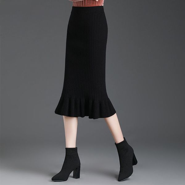 

2021 new autumn chic winter thin high female wild color solid hip wrap skirt y303 vuyv, Black