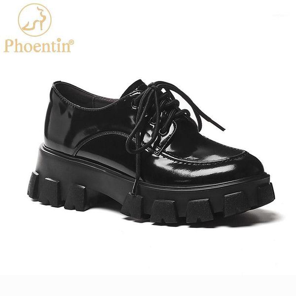 

phoentin cow leather platform shoes women 2020 autumn thick bottom lace up middle heels round toe comfortable pumps shoes ft10411, Black