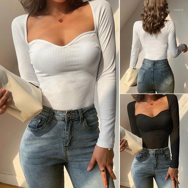 

women's slim square collar long sleeve chest t-shirt female1, White