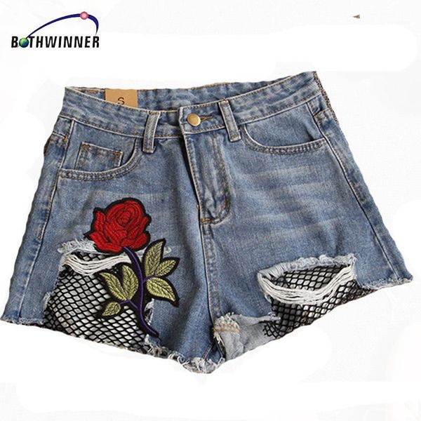 

bothwinner fishnet mesh denim shorts women blue appliques frayed hem summer shorts 2020 new floral embroidery ripped short1