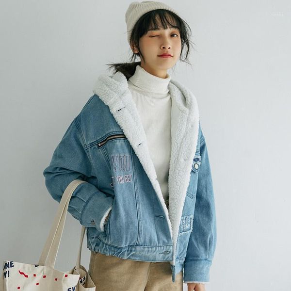 

yocalor 2020 winter thick warm fleece denim coat women students casual loose letters embroidery hooded jeans jacket dames1, Black;brown