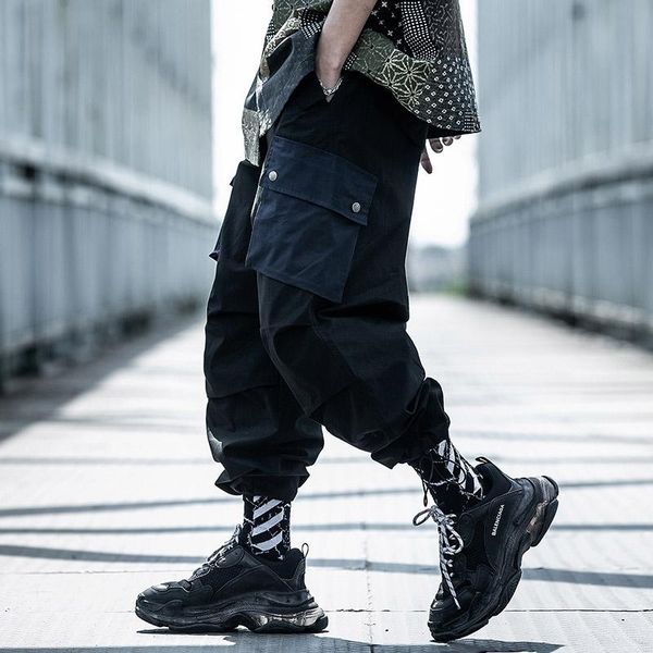 

men's pants clothes thin overalls male beam foot loose hip-hop color pocket matching jogger cargo michalkova, Black