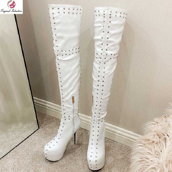 

women's over the knee thigh high boots 2020 new fashion round toe rivets long boots autumn winter women shoes botas altas mujer, Black