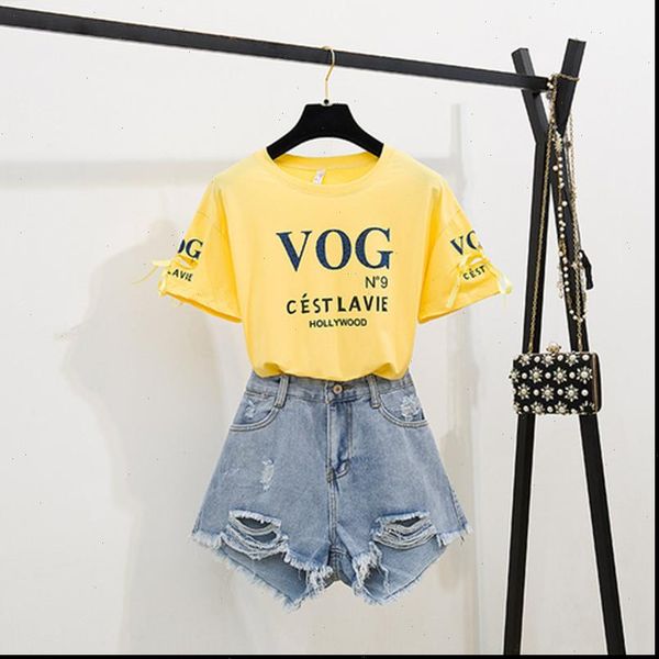 

2021 summer short slletter printed tshirt hole washed short jeans 2 piece set casual t shirt suit for woman vogue stylish, Gray