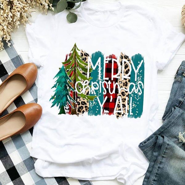 

women lady cartoon leopard letter plaid tree trend 90s merry christmas tshirt female graphic clothes shirt t tee t-shirt, White