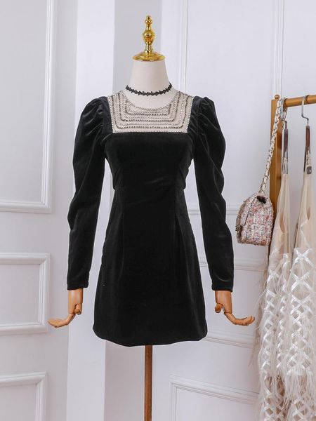 

casual dresses retro heavy industry rhinestone slim slimming hip puff sleeve velvet dress 1124, Black;gray