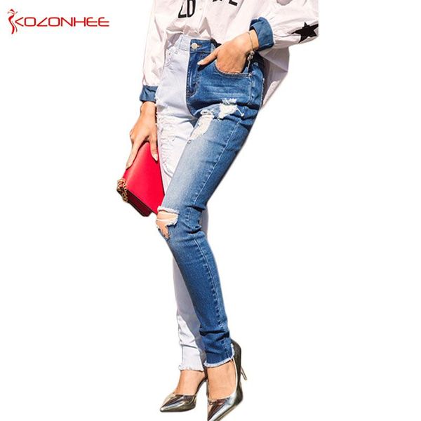 

double color bule stretch jeans women hole ripped high wais jeans elasticity skinny pencil women #12-2, Blue