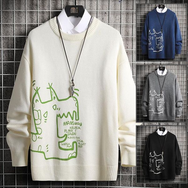 

autumn winter sweaters men casual fit knitted cartoon pattern mens pullover thick warm funny jumper male sweater round neck cute1, White;black