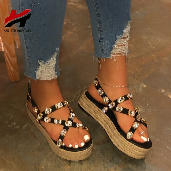 

nan jiu mountain 2020 platform sandals handmade rhinestones summer open toe sandals women comfortable plus size 35-43 y200702, Black
