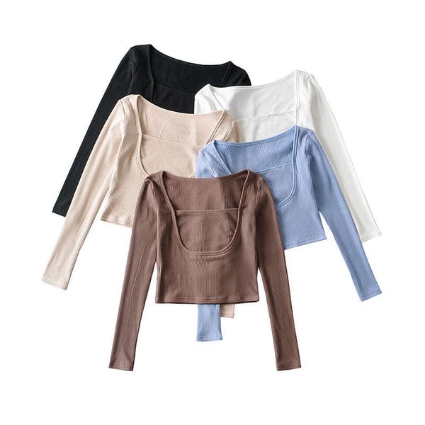 

wind square neck chest women's 2021 spring new slim navel fake two long sleeve t-shirts, Black;gray