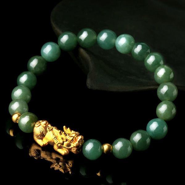 

real 24k yellow gold 3d luck pixiu & natural green jadeite beads link bracelet 6.7"l q1201, Black