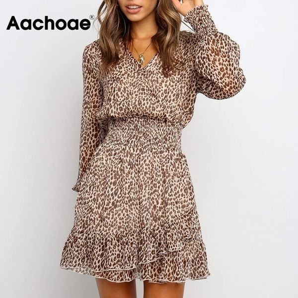 

aachoae lady v neck leopard dresses transparent long sleeve mini dress women ruffles elastic waist a line chiffon dress vestido y200805, Black;pink