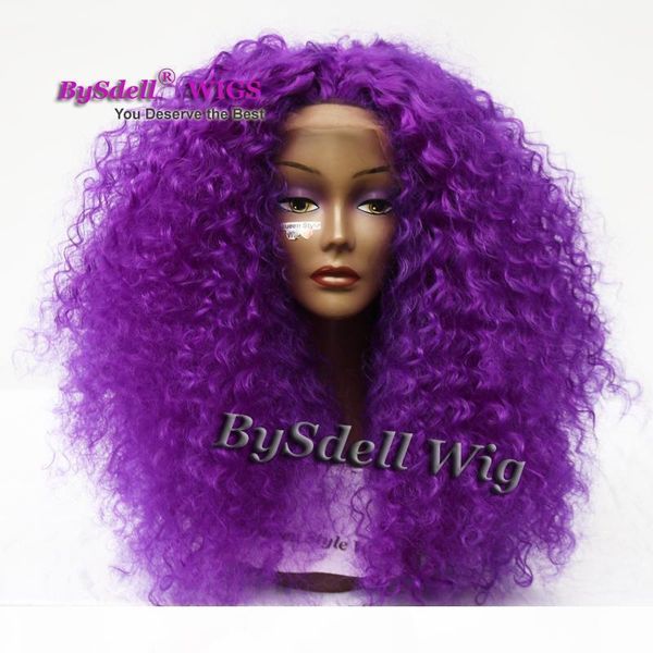 

african american wigs synthetic purple color big afro kinky curly hair front lace wigs for black women lace front wigs