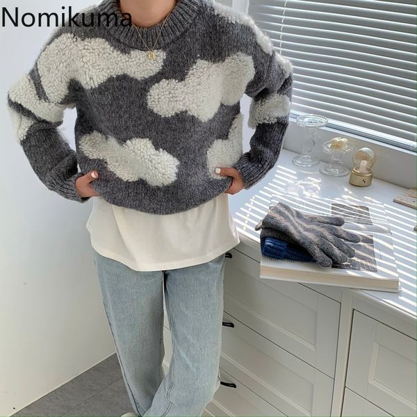 

nomikuma korean sweater women autumn new chic o neck long sleeve sueter mujer contrast color casual vintage pullovers 3d828 h1211, White;black